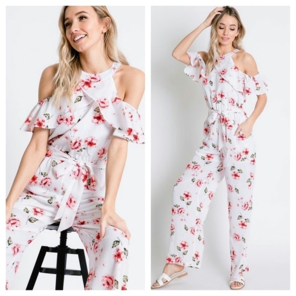 Davi & Dani Pants - Crepe Cold Shoulder Floral Jumpsuit